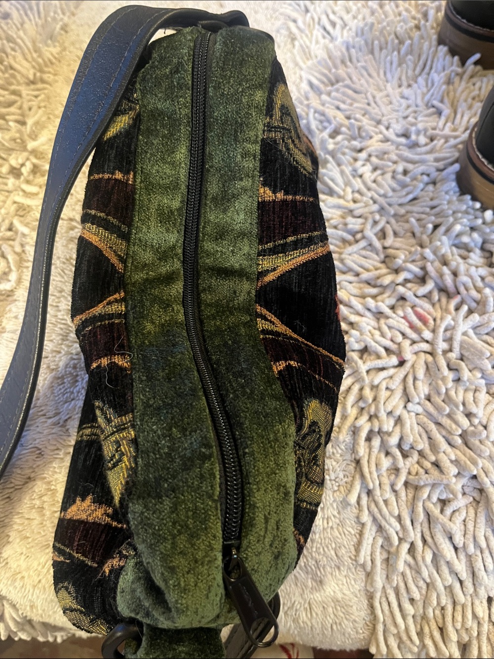 Embroidered Velvet Shoulder Bag — Black with Green and Rust Accents - Picture 6 of 10